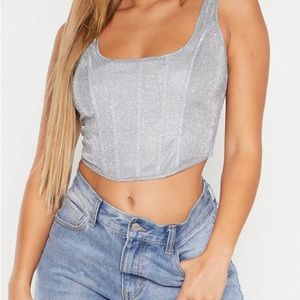 Pretty Little Thing Silver Glitter Curved Hem Corset. Sz 7